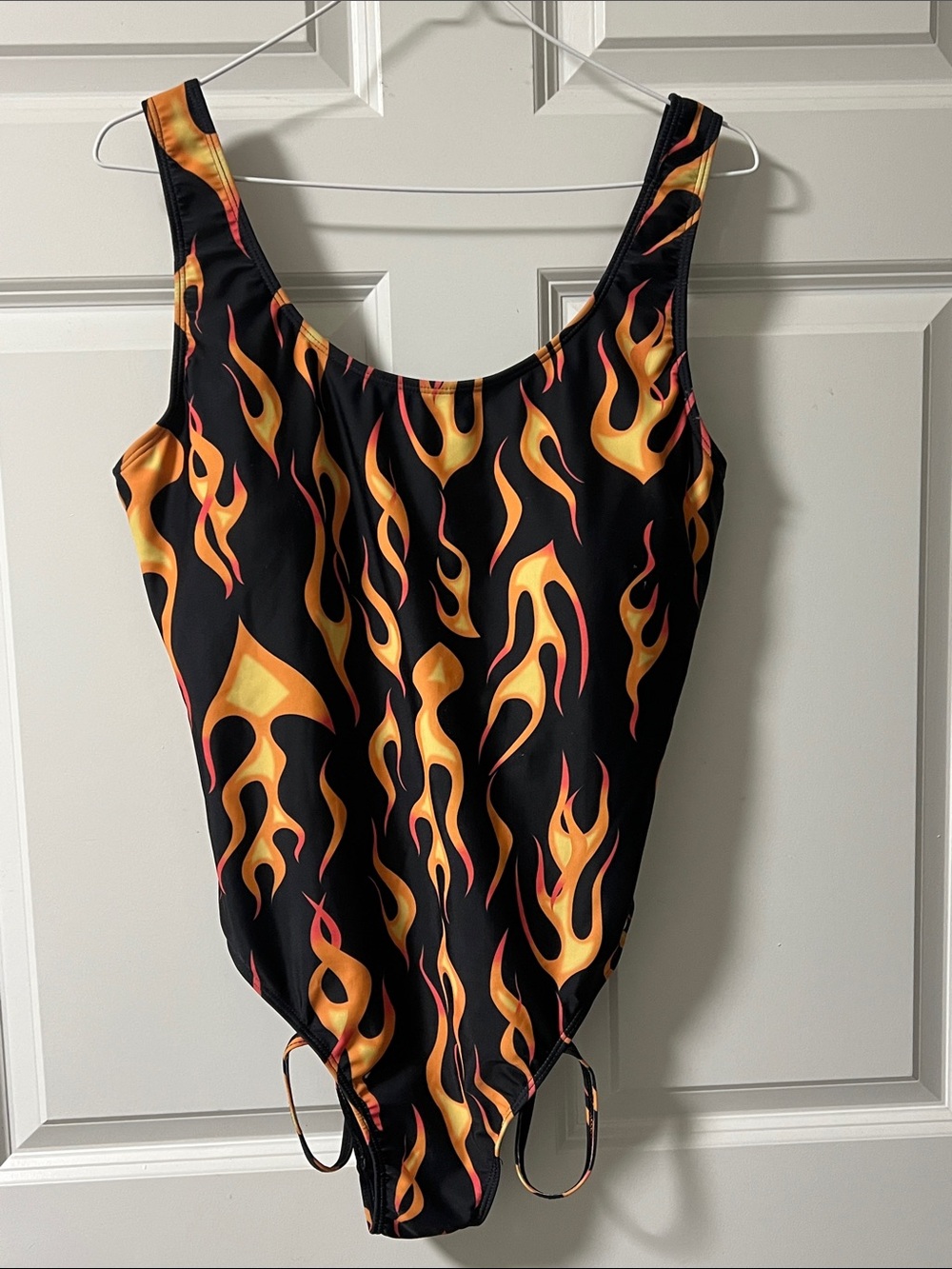 SHEIN Black One-Piece Swimsuit with Orange and Red Flame Print